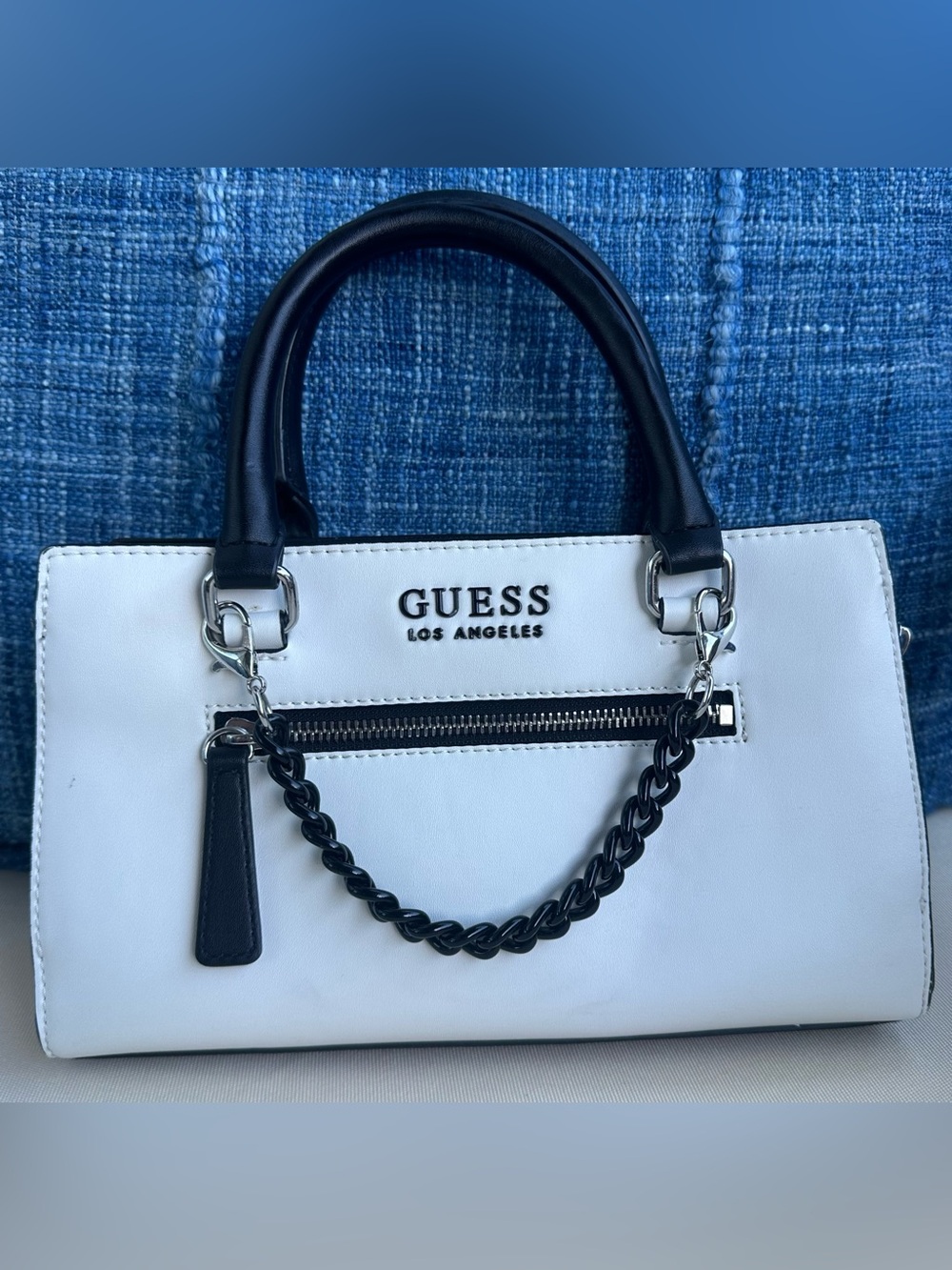 GUESS Purse White with Black Handles and Chain Detail